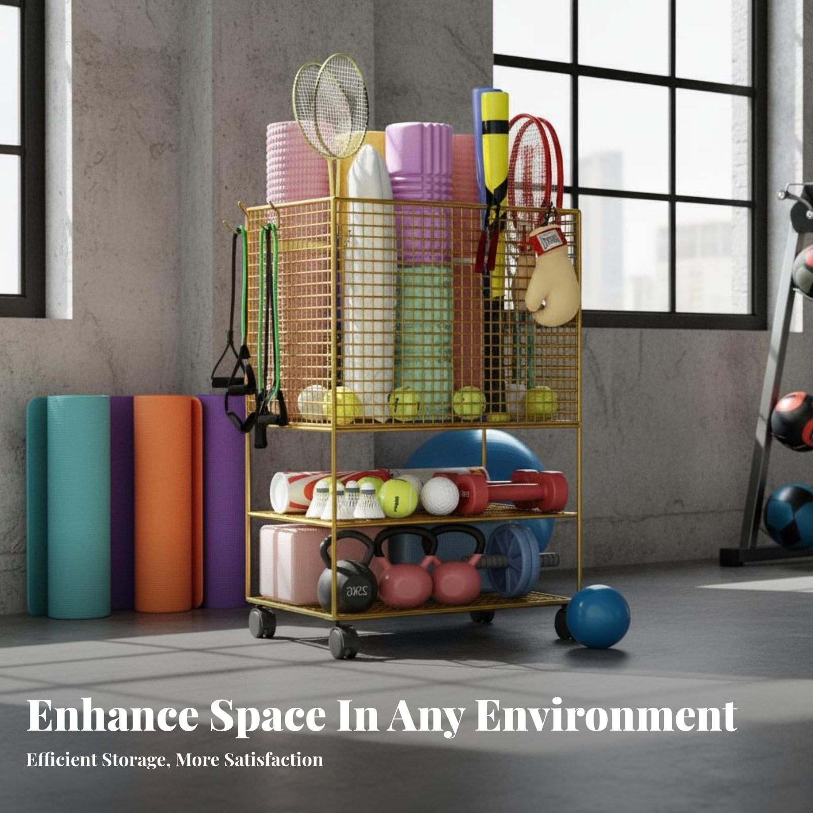 Exercise Mat Storage Rack With - Sports Equipment Trolley 评论和价格